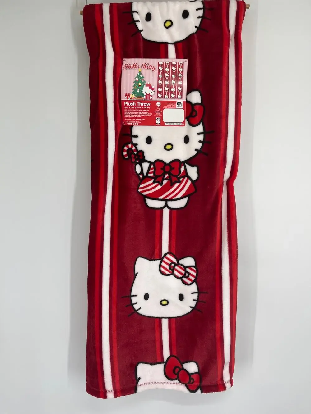 Hello Kitty Holiday Plush Throw Blanket 50 x 70 inches Red Candy Cane NEW
